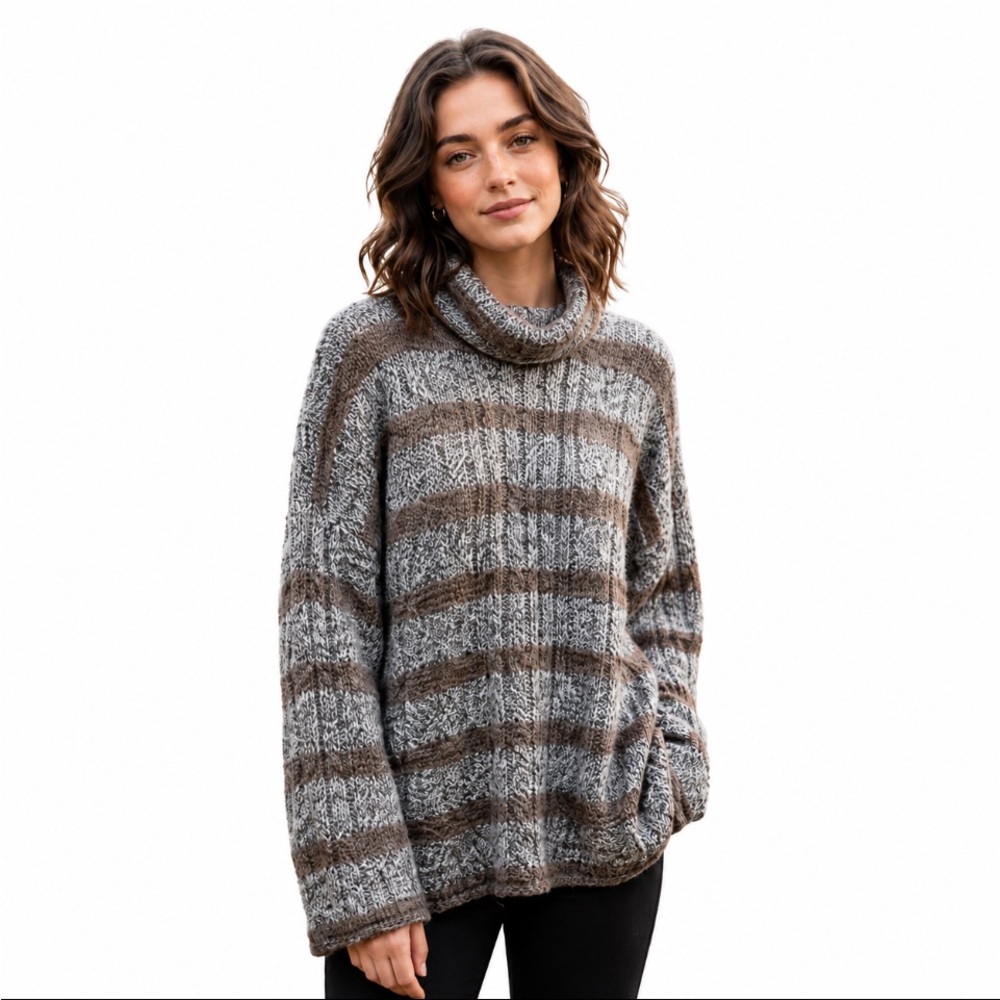 IRELANDS Eye Brown Striped Cable Knit Sweater Size: Large